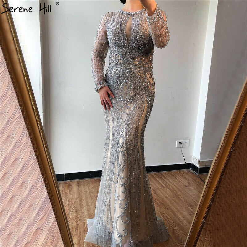 Dubai Long Sleeves Grey Luxury Evening Dresses O-Neck Full Diamond Mermaid Formal Dress 2025 Serene Hill Plus Size LA70116 - SERENE HILL
