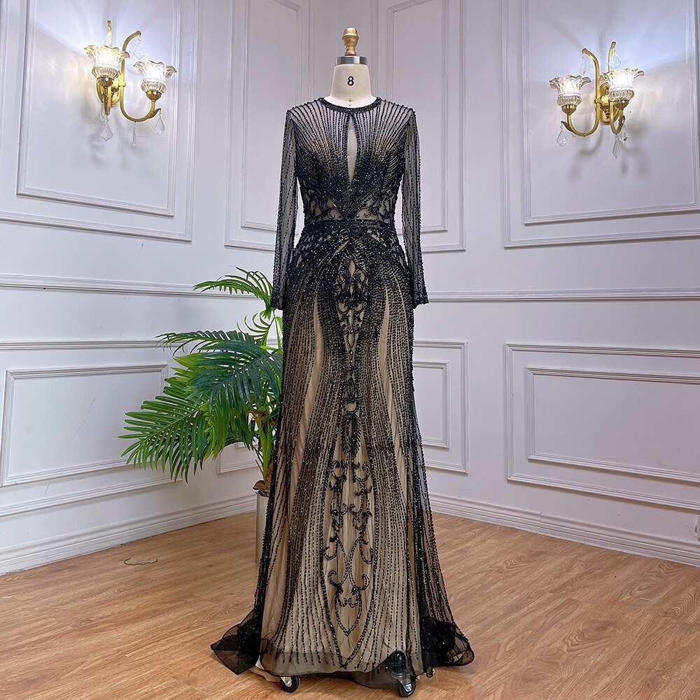 Dubai Long Sleeves Grey Luxury Evening Dresses O-Neck Full Diamond Mermaid Formal Dress 2025 Serene Hill Plus Size LA70116 - SERENE HILL