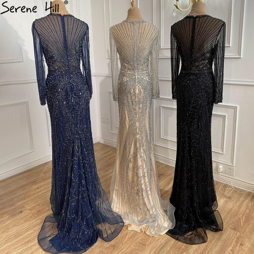 Dubai Long Sleeves Grey Luxury Evening Dresses O-Neck Full Diamond Mermaid Formal Dress 2025 Serene Hill Plus Size LA70116 - SERENE HILL