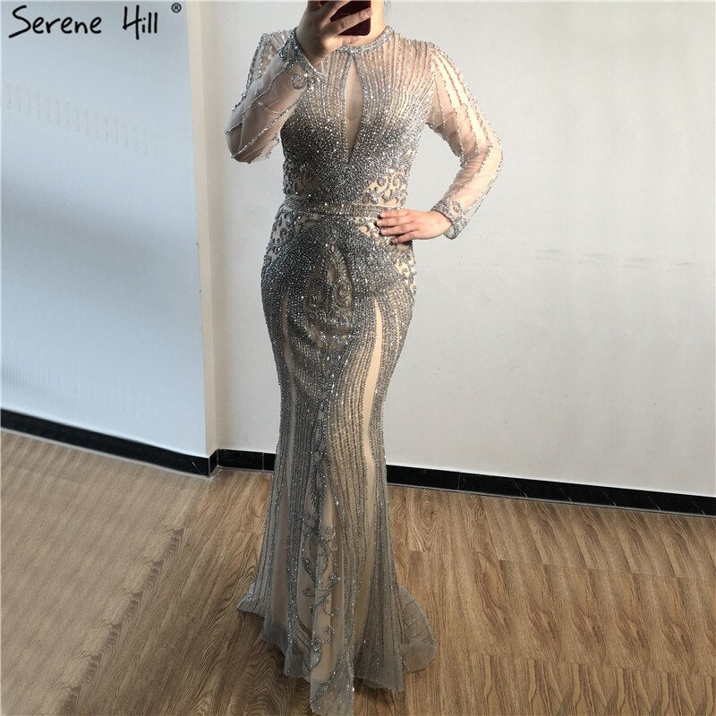 Dubai Long Sleeves Grey Luxury Evening Dresses O-Neck Full Diamond Mermaid Formal Dress 2025 Serene Hill Plus Size LA70116 - SERENE HILL
