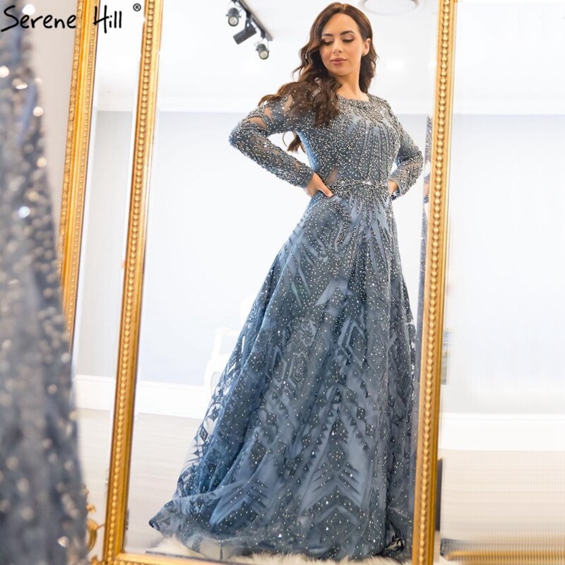 dubai Luxury Designer Navy Blue Lace Beaded A line Muslim Long Evening Dresses 2025 Formal Dress Serene Hill Plus Size LA60900 - SERENE HILL