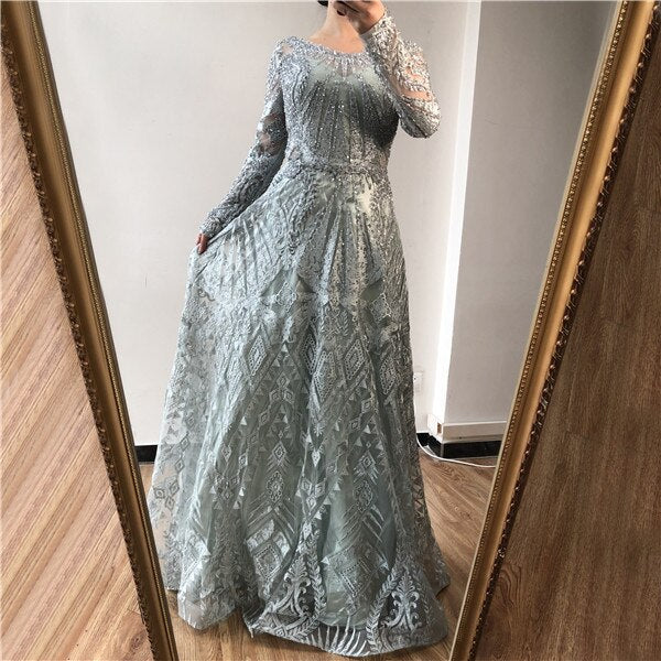 dubai Luxury Designer Navy Blue Lace Beaded A line Muslim Long Evening Dresses 2025 Formal Dress Serene Hill Plus Size LA60900 - SERENE HILL