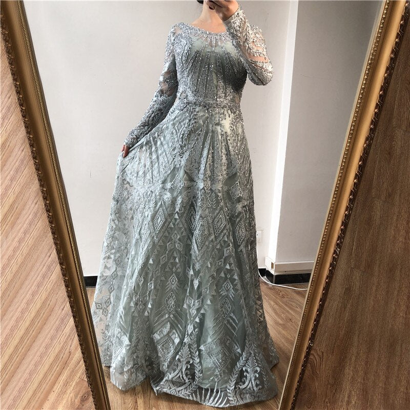 dubai Luxury Designer Navy Blue Lace Beaded A line Muslim Long Evening Dresses 2025 Formal Dress Serene Hill Plus Size LA60900 - SERENE HILL