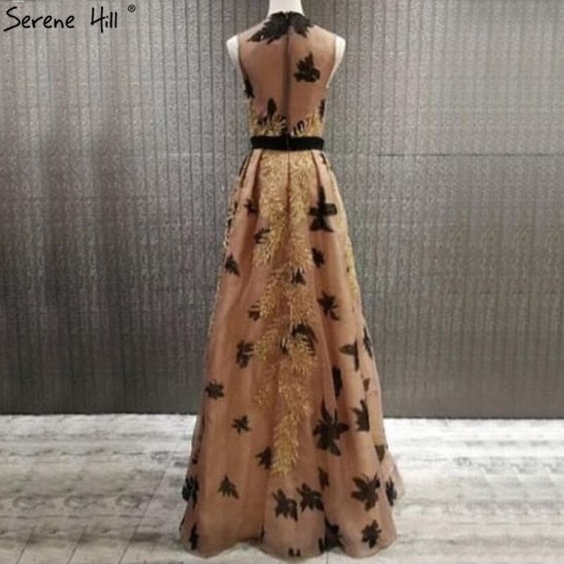 On Sale no return no refundSale Dubai Luxury Gold Sequined A-Line Evening Dresses O-Neck Sleeveless Sexy Formal Dress 2025 Serene Hill LA70001 - SERENE HILL