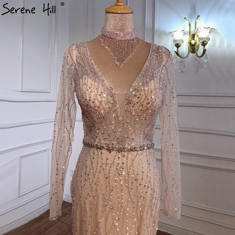 Dubai Mermaid Pink Beading Sequins Evening Dresses V-Neck Long Sleeves Luxury Formal Dress Serene Hill 2025 LA70526 - SERENE HILL