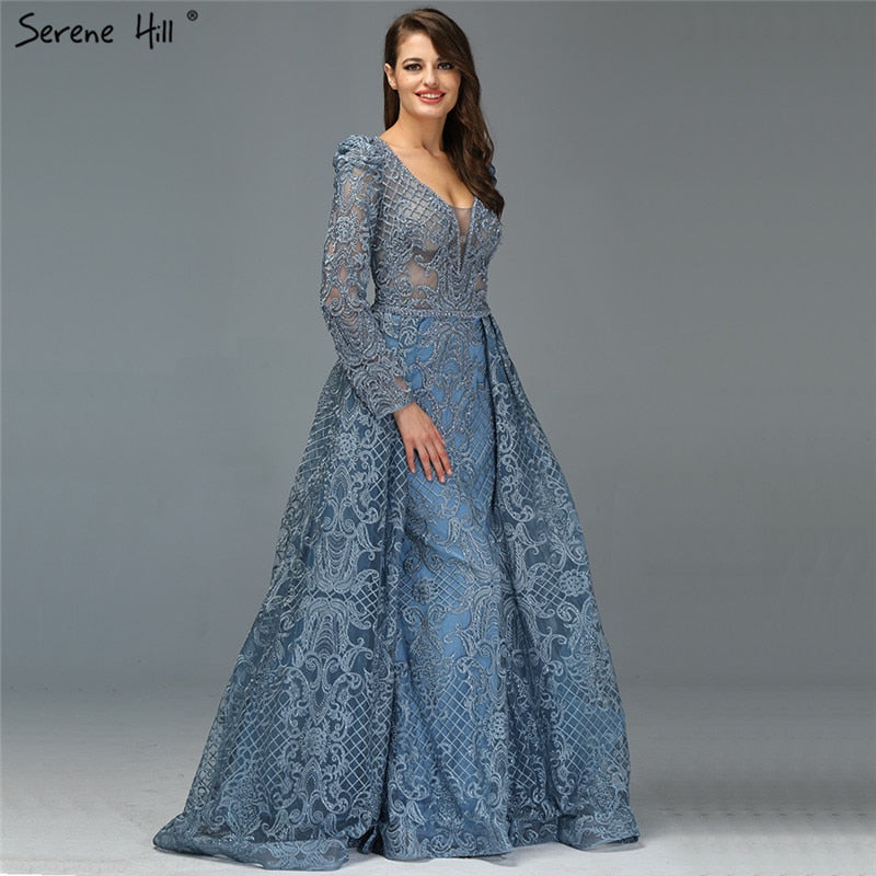 Dubai Muslim Blue Luxury Long elegant Evening Dresses 2025 Crystal gold / 18W