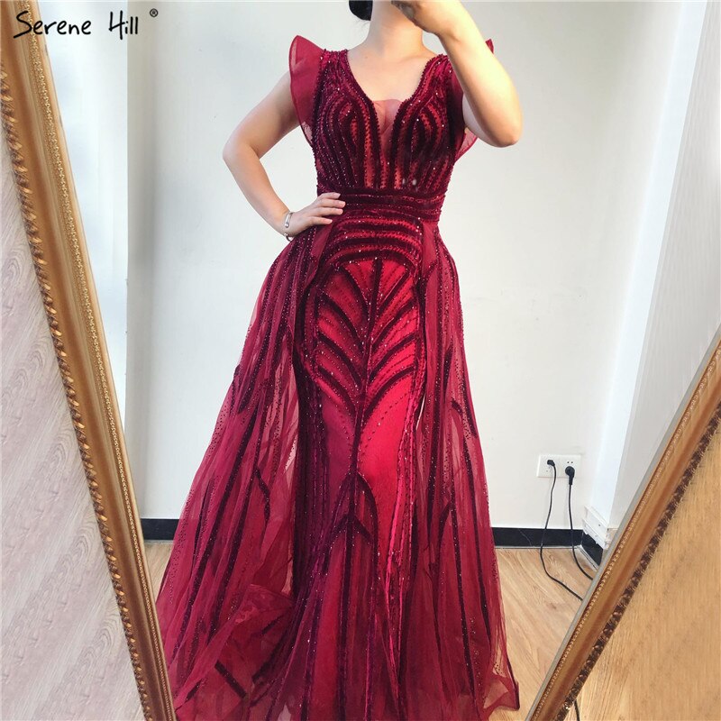 Dubai Navy Blue Deep-V Sexy Evening Dresses 2025 Sleeveless Crystal Luxury Mermaid Evening Gowns Design Serene Hill LA70198 - SERENE HILL
