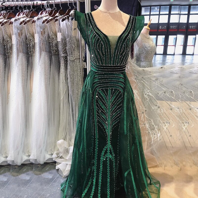 Dubai Navy Blue Deep-V Sexy Evening Dresses 2025 Sleeveless Crystal Luxury Mermaid Evening Gowns Design Serene Hill LA70198 - SERENE HILL