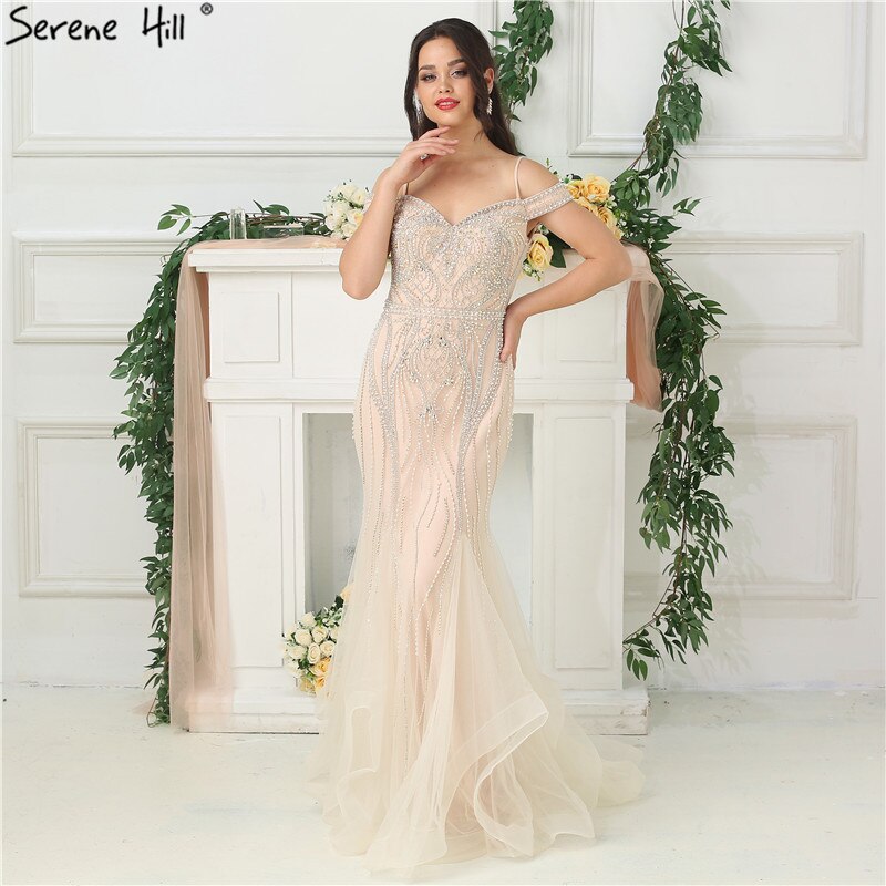 Sale Dubai Nude Boat Neck Luxury Sexy Evening Dresses Diamond Pearls Off Shoulder Evening Gowns 2025 Real Photo LA6696 - SERENE HILL