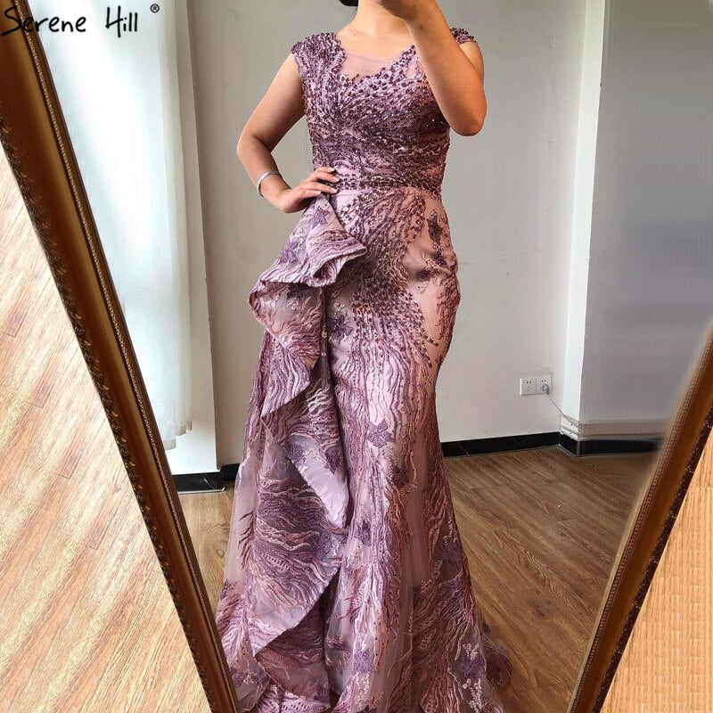 Dubai Pink Mermaid Sleeveless Evening Dresses High-end O-Neck Beading Lace Party Gowns Serene Hill 2025 LA70669 - SERENE HILL