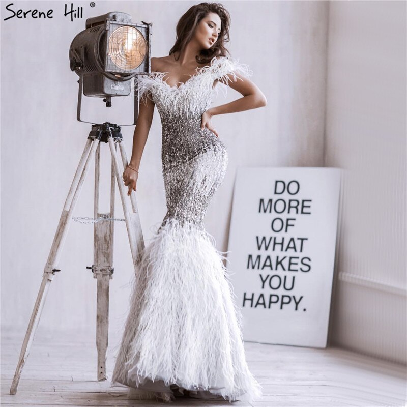 Dubai Pink Sexy Mermaid Evening Dresses Design Luxury Crystal Feathers Sleeveless Formal Gowns 2025 Serene Hill LA70242 - SERENE HILL