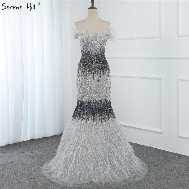Dubai Pink Sexy Mermaid Evening Dresses Design Luxury Crystal Feathers Sleeveless Formal Gowns 2025 Serene Hill LA70242 - SERENE HILL