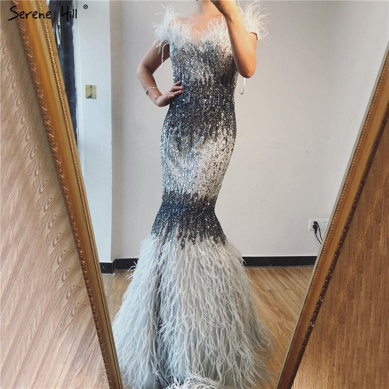 Dubai Pink Sexy Mermaid Evening Dresses Design Luxury Crystal Feathers Sleeveless Formal Gowns 2025 Serene Hill LA70242 - SERENE HILL