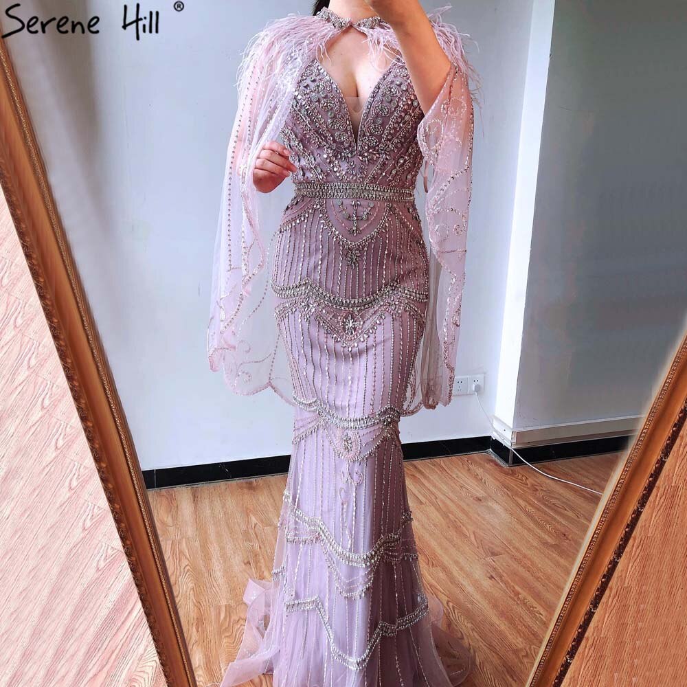Dubai Purple V-Neck Mermaid Sexy Evening Dresses 2025 Sleeveless Shawl Yarn Feathers Formal Dress Serene Hill LA70171A - SERENE HILL