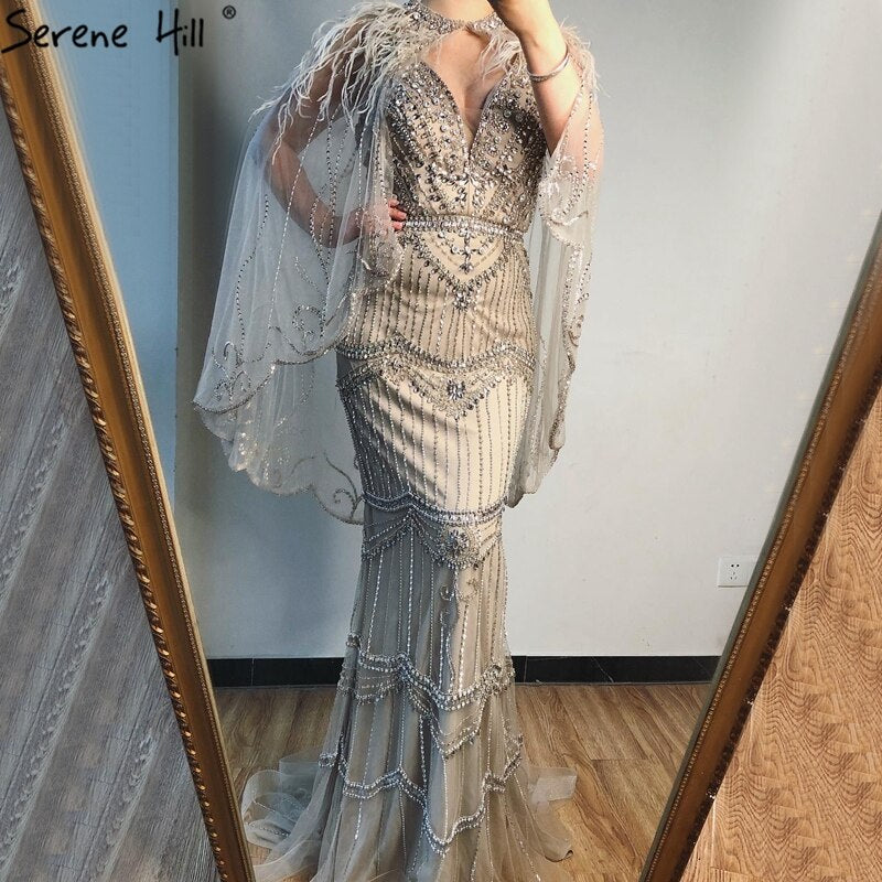 Dubai Purple V-Neck Mermaid Sexy Evening Dresses 2025 Sleeveless Shawl Yarn Feathers Formal Dress Serene Hill LA70171A - SERENE HILL