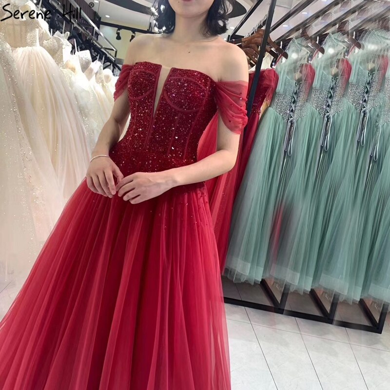 On Sale no return no refundDubai Red A-Line Sexy Sleeveless Evening Dresses 2025 Off Shoulder Beading Sparkle Formal Dress Serene Hill LA70545 - SERENE HILL