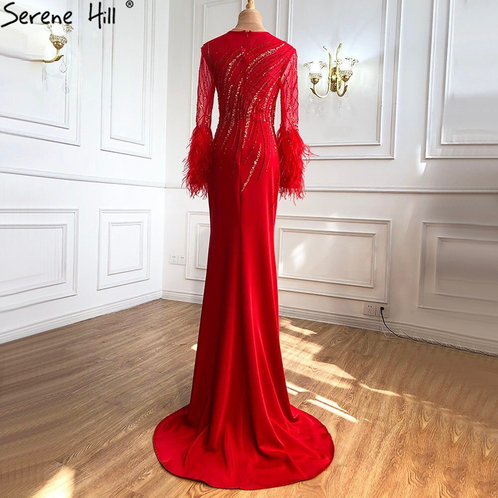 On Sale no return no refundSale Dubai Red O-Neck Sequined Beading Evening Dressese Feathers Long Sleeves Mermaid Formal Dress 2025 Serene Hill LA70379 - SERENE HILL