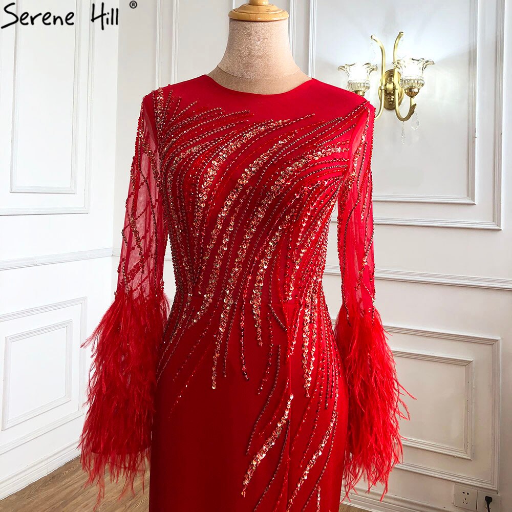 On Sale no return no refundSale Dubai Red O-Neck Sequined Beading Evening Dressese Feathers Long Sleeves Mermaid Formal Dress 2025 Serene Hill LA70379 - SERENE HILL
