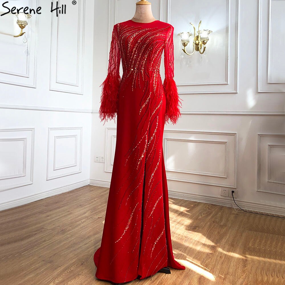 On Sale no return no refundSale Dubai Red O-Neck Sequined Beading Evening Dressese Feathers Long Sleeves Mermaid Formal Dress 2025 Serene Hill LA70379 - SERENE HILL