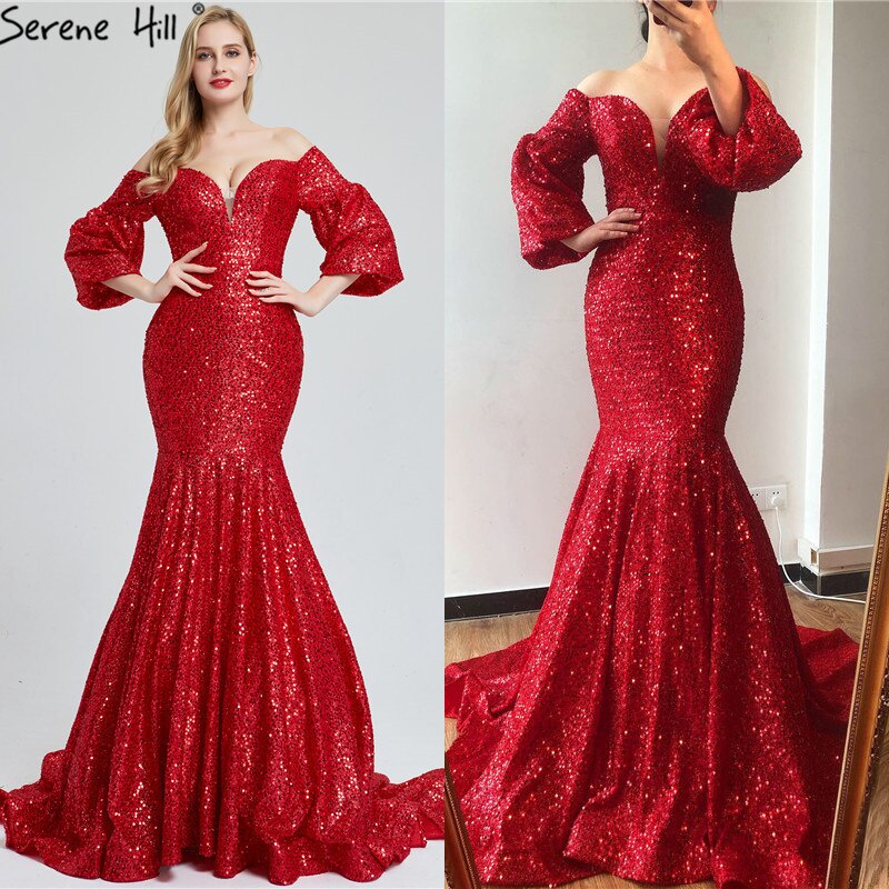 On Sale No Return No Refund Sale Dubai Red Sequined Off Shoulder Sexy Evening Dresses 2025 Latest Design Mermaid Long Sleeves Luxury Evening Gowns LA60993 - SERENE HILL