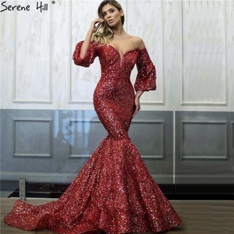 On Sale No Return No Refund Sale Dubai Red Sequined Off Shoulder Sexy Evening Dresses 2025 Latest Design Mermaid Long Sleeves Luxury Evening Gowns LA60993 - SERENE HILL