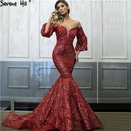 On Sale No Return No Refund Sale Dubai Red Sequined Off Shoulder Sexy Evening Dresses 2025 Latest Design Mermaid Long Sleeves Luxury Evening Gowns LA60993 - SERENE HILL