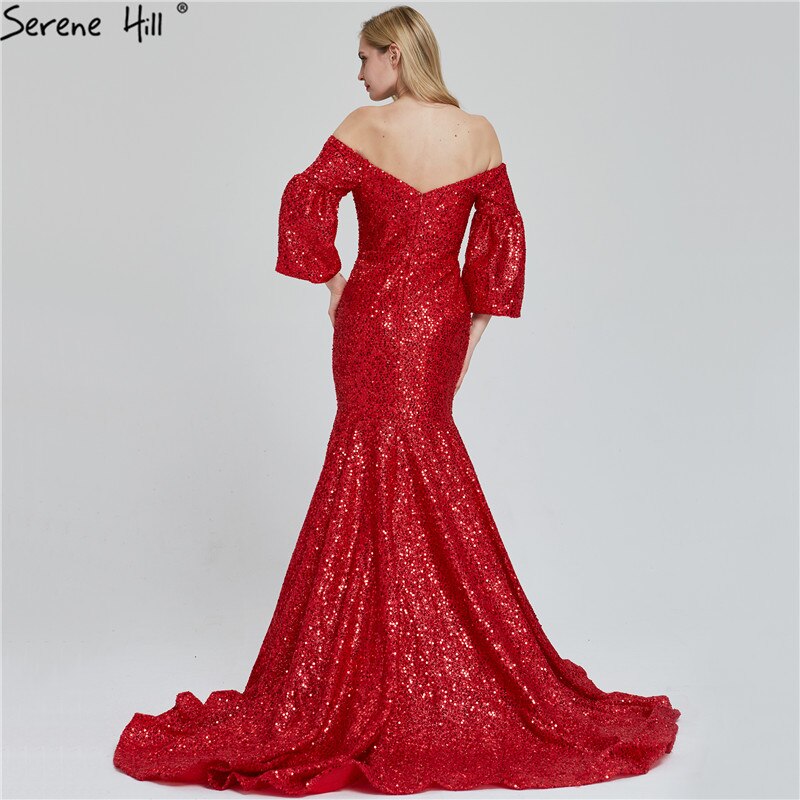 On Sale No Return No Refund Sale Dubai Red Sequined Off Shoulder Sexy Evening Dresses 2025 Latest Design Mermaid Long Sleeves Luxury Evening Gowns LA60993 - SERENE HILL