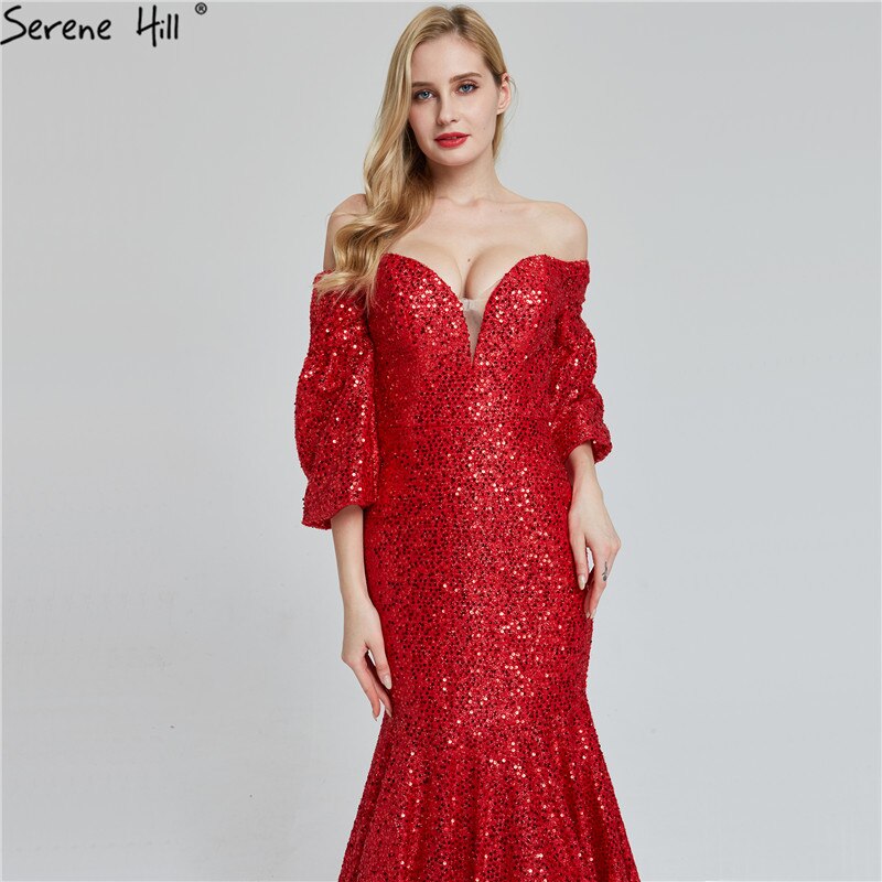 On Sale No Return No Refund Sale Dubai Red Sequined Off Shoulder Sexy Evening Dresses 2025 Latest Design Mermaid Long Sleeves Luxury Evening Gowns LA60993 - SERENE HILL