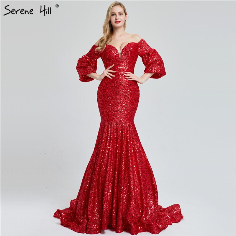 On Sale No Return No Refund Sale Dubai Red Sequined Off Shoulder Sexy Evening Dresses 2025 Latest Design Mermaid Long Sleeves Luxury Evening Gowns LA60993 - SERENE HILL