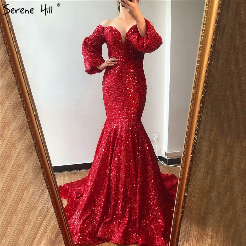 On Sale No Return No Refund Sale Dubai Red Sequined Off Shoulder Sexy Evening Dresses 2025 Latest Design Mermaid Long Sleeves Luxury Evening Gowns LA60993 - SERENE HILL