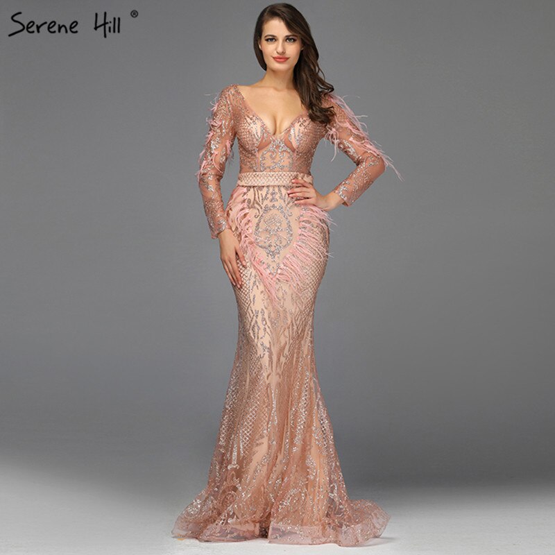 On Sale No Return No Refund Sale Dubai Rose Gold Mermaid Sexy Evening Dresses 2025 Luxury Feathers Beading Sparkle Formal Dress Serene Hill LA60902 - SERENE HILL