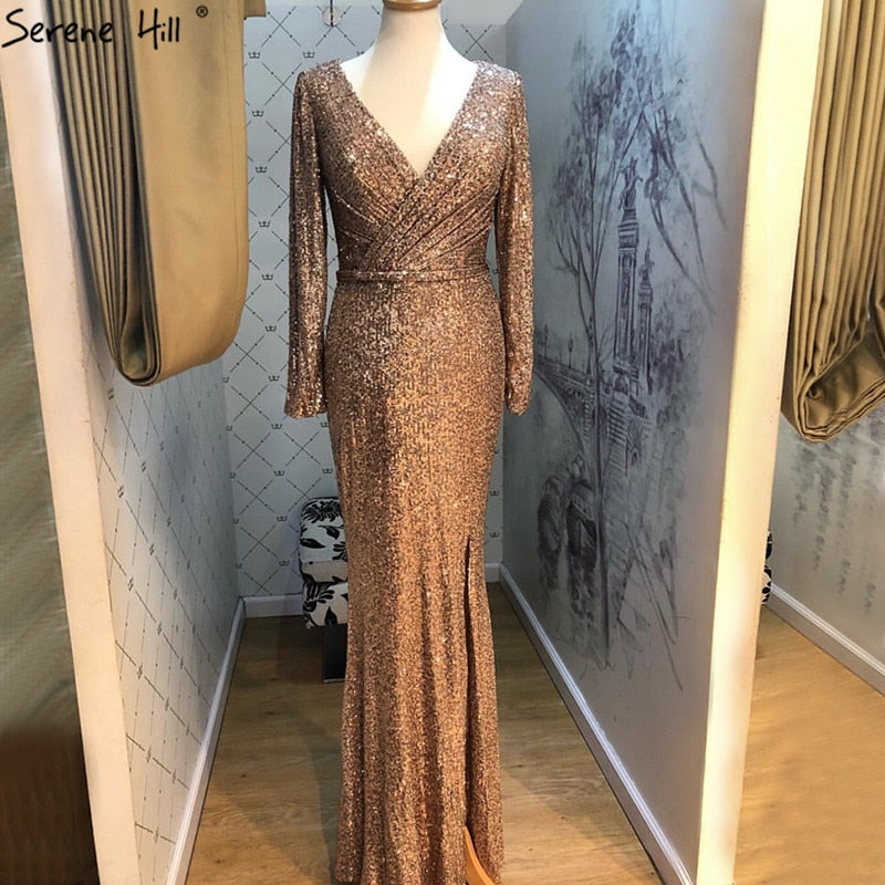 On Sale No Return No Refund Dubai Rose Gold Sequined V-Neck Evening Dresses 2025 Luxury Long Sleeves Sparkle Formal Dress Serene Hill LA60970 - SERENE HILL