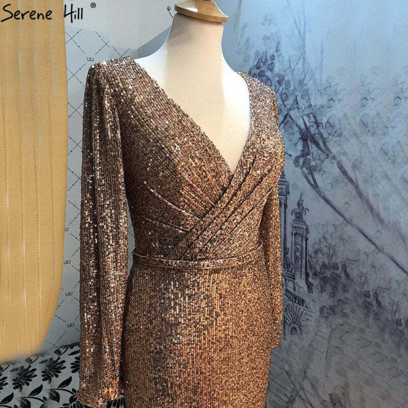 On Sale No Return No Refund Dubai Rose Gold Sequined V-Neck Evening Dresses 2025 Luxury Long Sleeves Sparkle Formal Dress Serene Hill LA60970 - SERENE HILL
