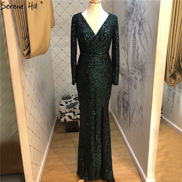 On Sale No Return No Refund Dubai Rose Gold Sequined V-Neck Evening Dresses 2025 Luxury Long Sleeves Sparkle Formal Dress Serene Hill LA60970 - SERENE HILL