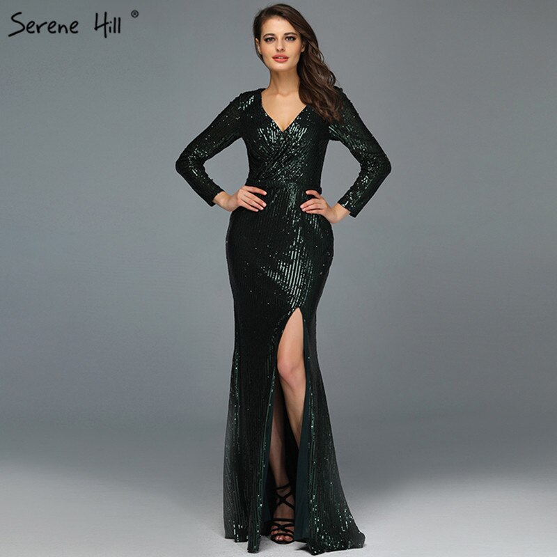 On Sale No Return No Refund Dubai Rose Gold Sequined V-Neck Evening Dresses 2025 Luxury Long Sleeves Sparkle Formal Dress Serene Hill LA60970 - SERENE HILL