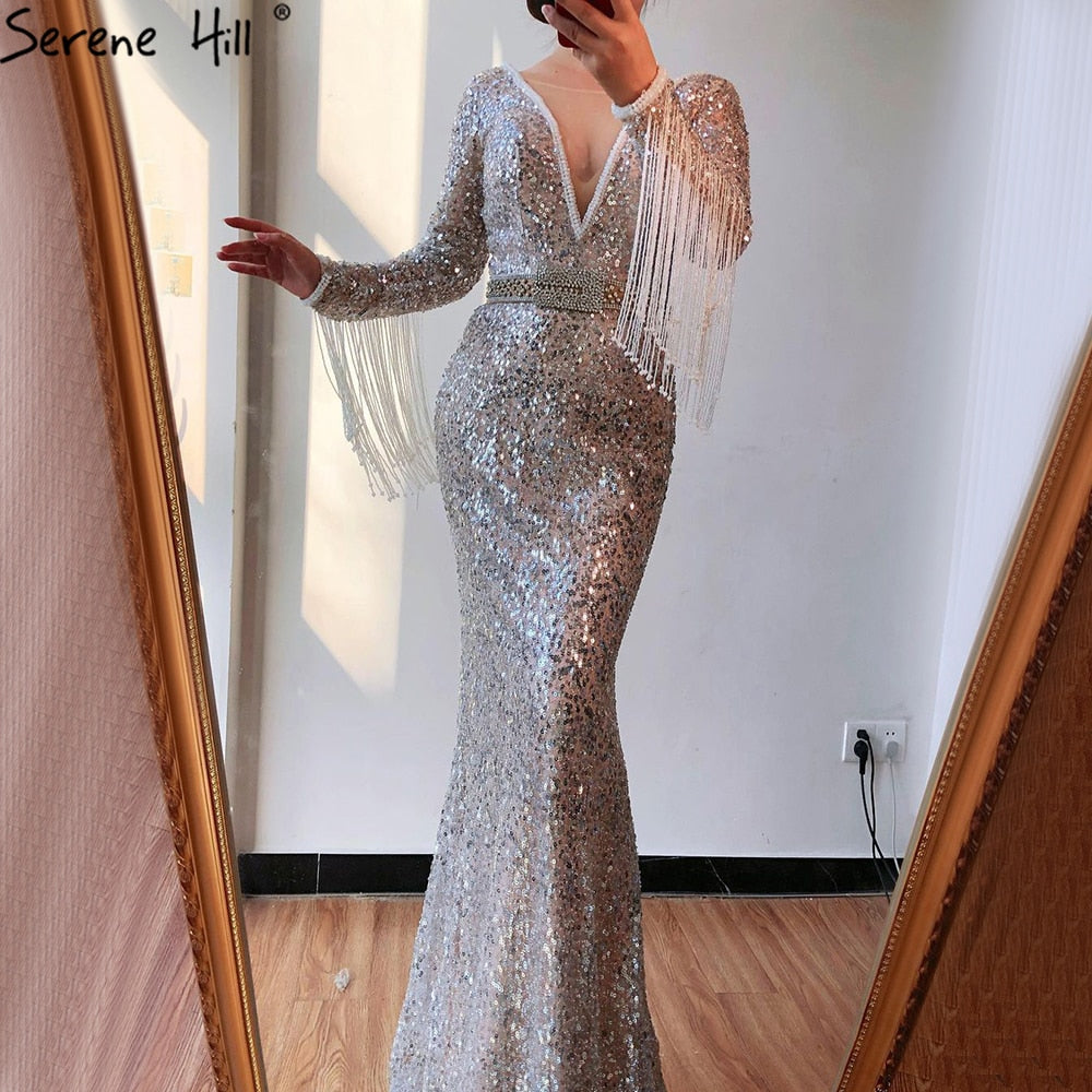 On Sale no return no refundSale Dubai Silver V-Neck Tassel Beading Mermaid Evening Dresses 2025 Long Sleeve Luxury Sexy Evening Gowns Serene Hill LA60770 - SERENE HILL