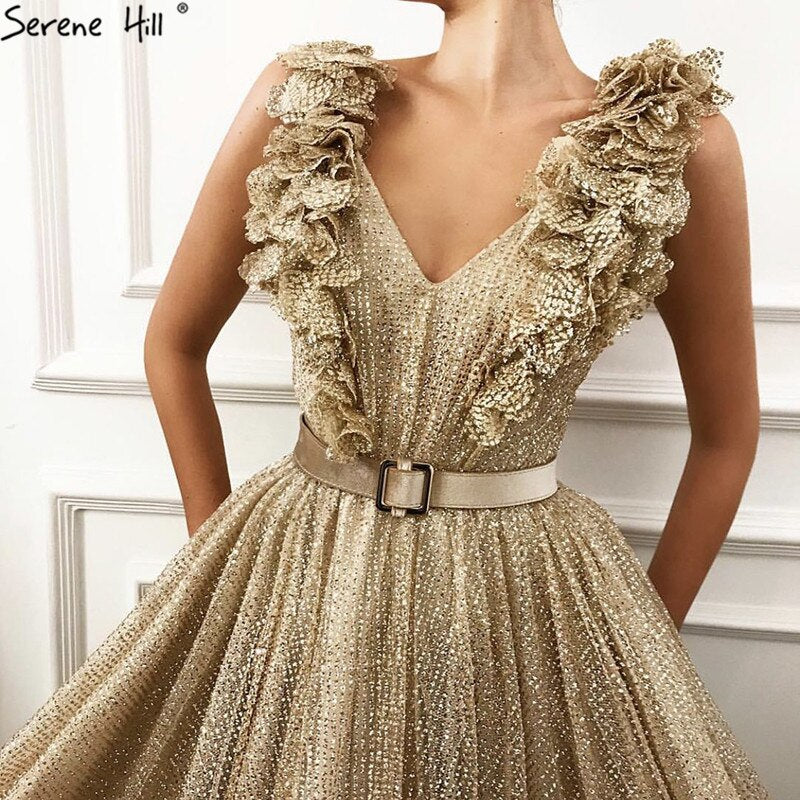 On Sale No Return No Refund Dubai V-Neck Sleeveless Luxury Evening Gown Designs 2025 Sequined Sashes Sexy Tulle Evening Dresses Serene Hill LA60796 - SERENE HILL