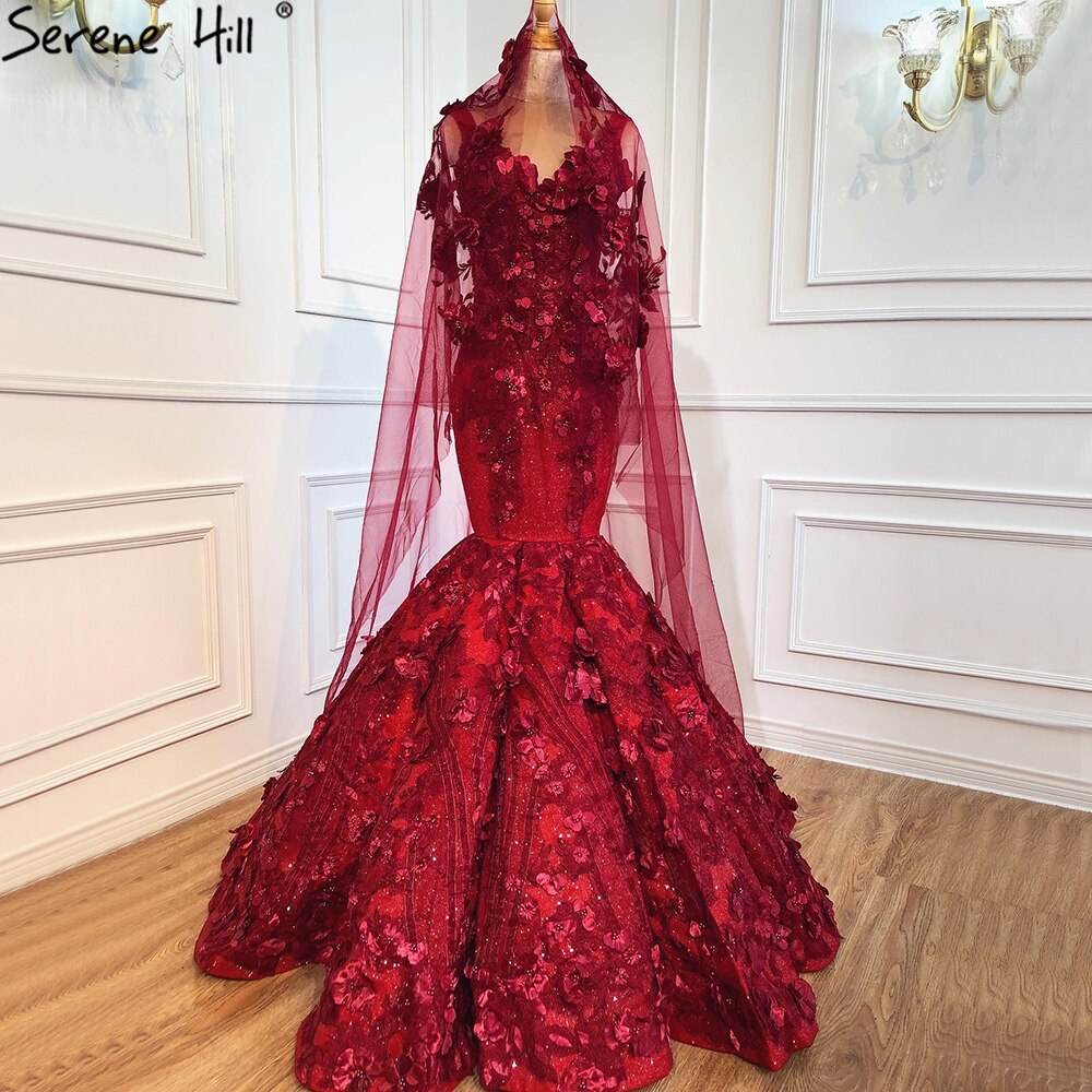 Dubai Wein Rot Sexy Ärmellose Brautkleider 2025 Meerjungfrau Handgemachte Blumen Perlen Braut Kleider HM67110 Nach Maß - SERENE HILL