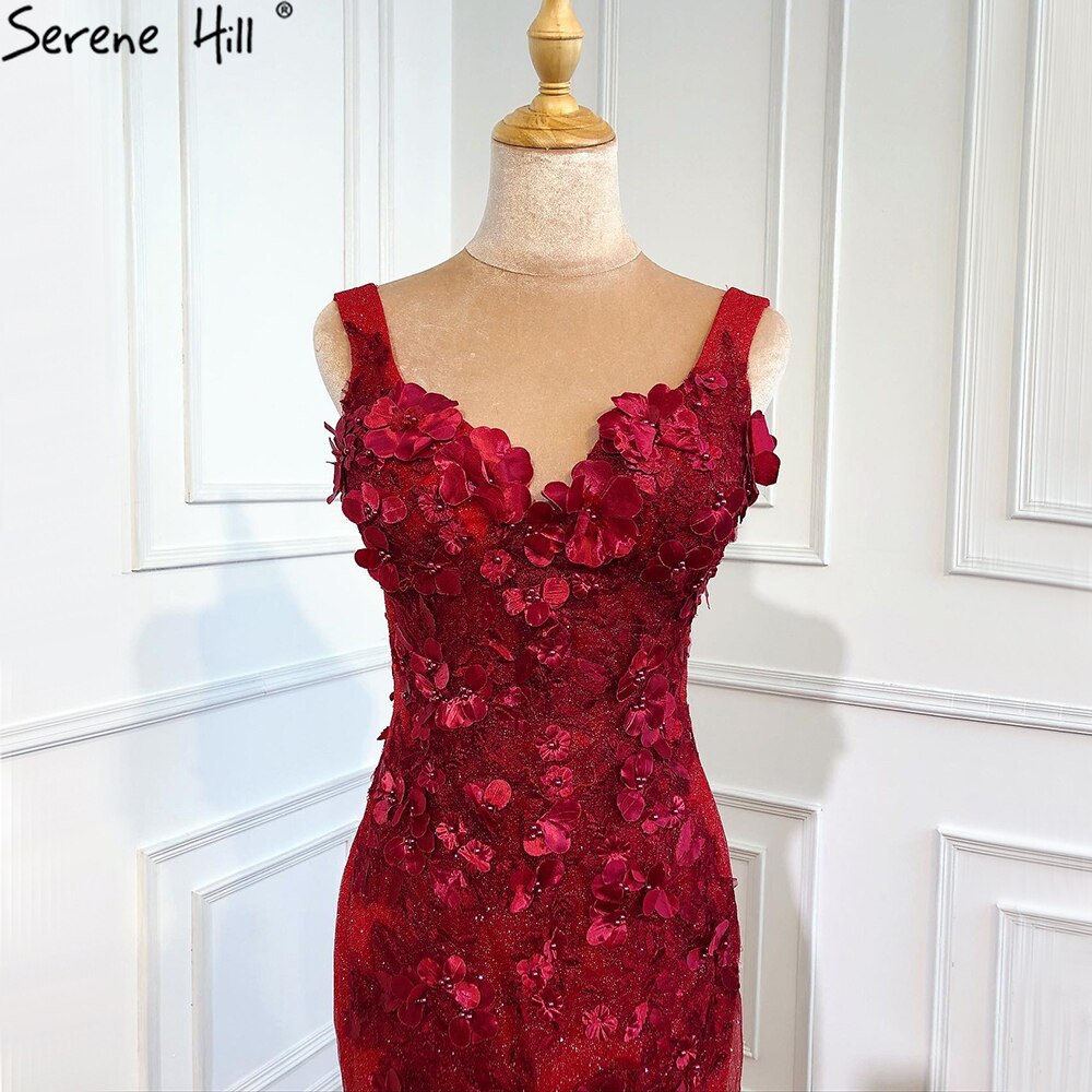 Dubai Wein Rot Sexy Ärmellose Brautkleider 2025 Meerjungfrau Handgemachte Blumen Perlen Braut Kleider HM67110 Nach Maß - SERENE HILL