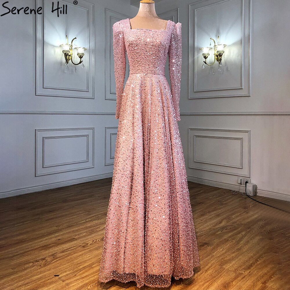 Dubai White A-Line Sexy Luxury Evening Dresses 2025 Beading Long Sleeve Sexy Formal Dress Serene Hill LA70271 - SERENE HILL