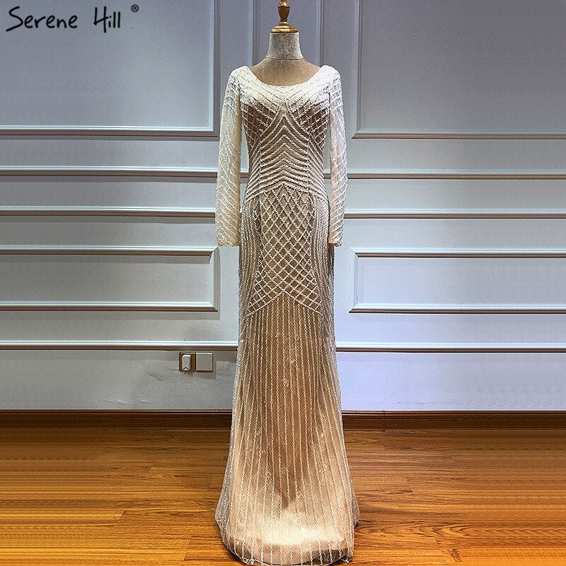 On Sale No Return No Refund Sale Dubai White Nude Luxury Long Sleeves Evening Dresses 2025 Latest Design Full Beading Mermaid Formal Dress Serene Hill LA60958 - SERENE HILL