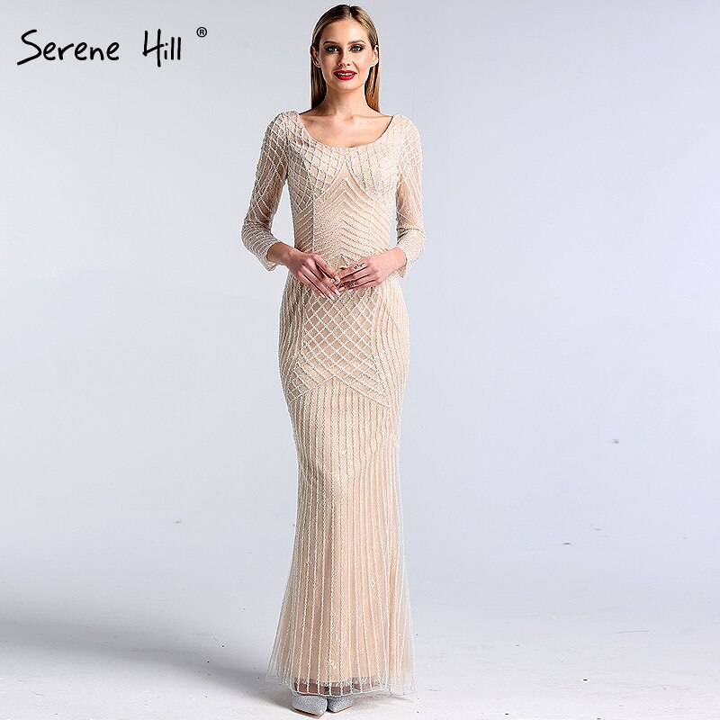 On Sale No Return No Refund Sale Dubai White Nude Luxury Long Sleeves Evening Dresses 2025 Latest Design Full Beading Mermaid Formal Dress Serene Hill LA60958 - SERENE HILL