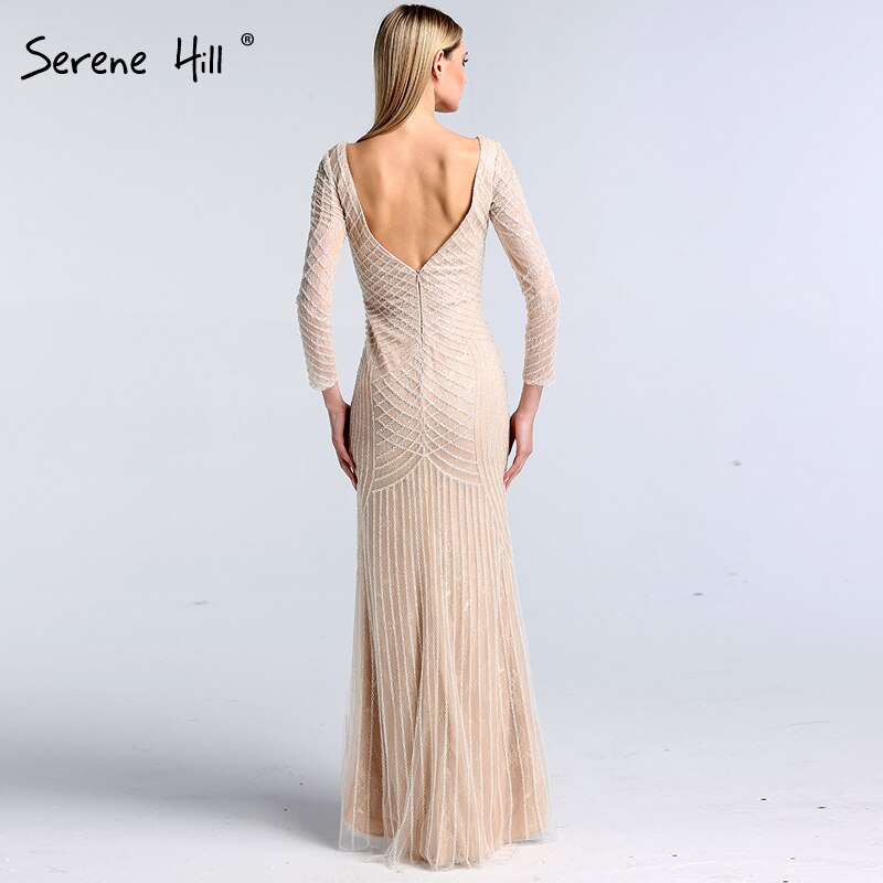 On Sale No Return No Refund Sale Dubai White Nude Luxury Long Sleeves Evening Dresses 2025 Latest Design Full Beading Mermaid Formal Dress Serene Hill LA60958 - SERENE HILL
