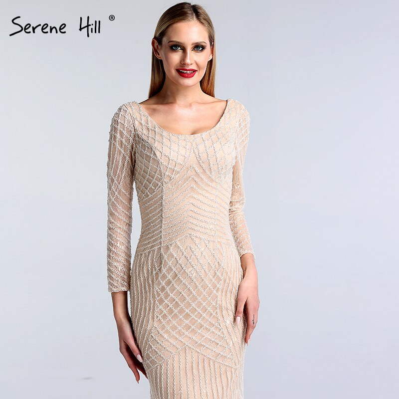 On Sale No Return No Refund Sale Dubai White Nude Luxury Long Sleeves Evening Dresses 2025 Latest Design Full Beading Mermaid Formal Dress Serene Hill LA60958 - SERENE HILL