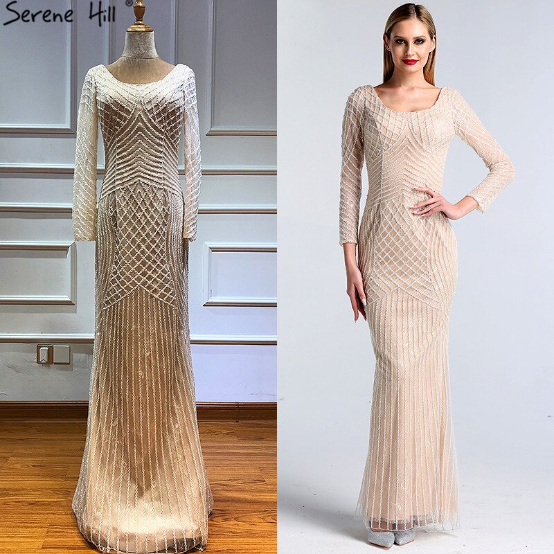On Sale No Return No Refund Sale Dubai White Nude Luxury Long Sleeves Evening Dresses 2025 Latest Design Full Beading Mermaid Formal Dress Serene Hill LA60958 - SERENE HILL