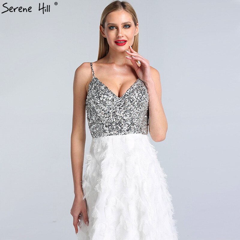 On Sale No Return No Refund Sale Dubai White V-Neck Backless Luxury Evening Dresses 2025 Sleevleess Sequined Tiered Formal Dress Serene Hill LA60955 - SERENE HILL