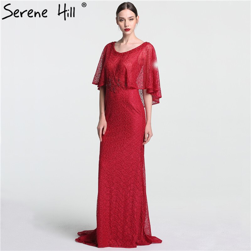 On Sale no return no refundSale Dubai Wine Red Evening Gowns with Shawl Beading Lace Mermaid Evening Dress Long High-end Luxury 2025 Serene Hill LA6137 - SERENE HILL