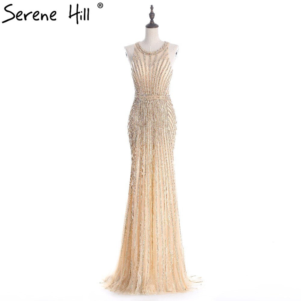 On Sale no return no refundSale Fashion Halter Gold Evening Party Dress Real Photos Nude Tulle Diamond Party Occasion 2025 Formal Long Evening Dress LA6008 - SERENE HILL