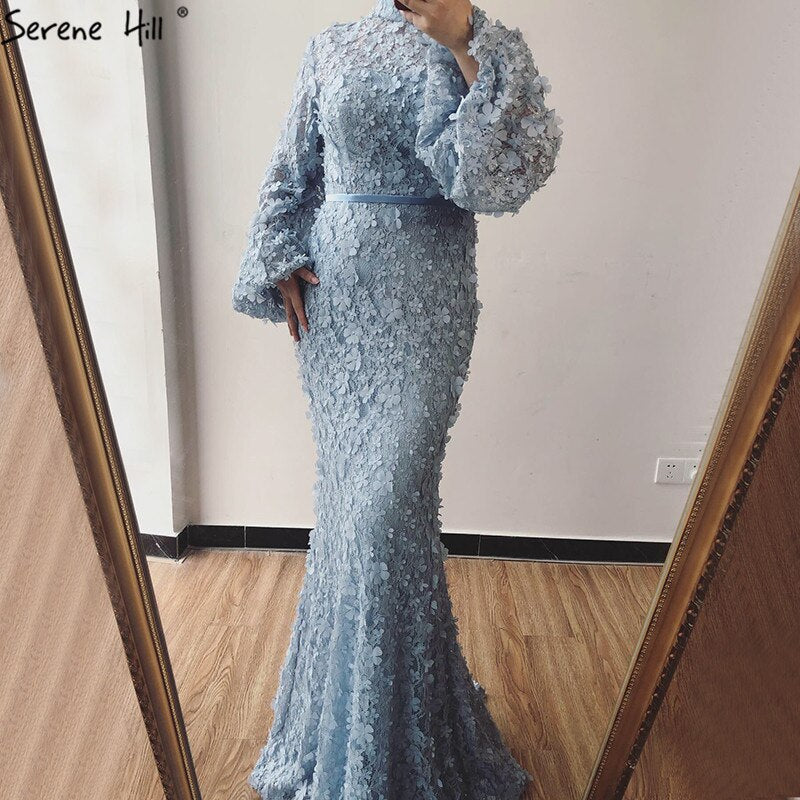 Sale Flowers Pearls Long Sleeves Mermaid Evening Dresses Muslim Fashion Elegant Formal Dress 2025 Serene Hill Plus Size LA6293 - SERENE HILL