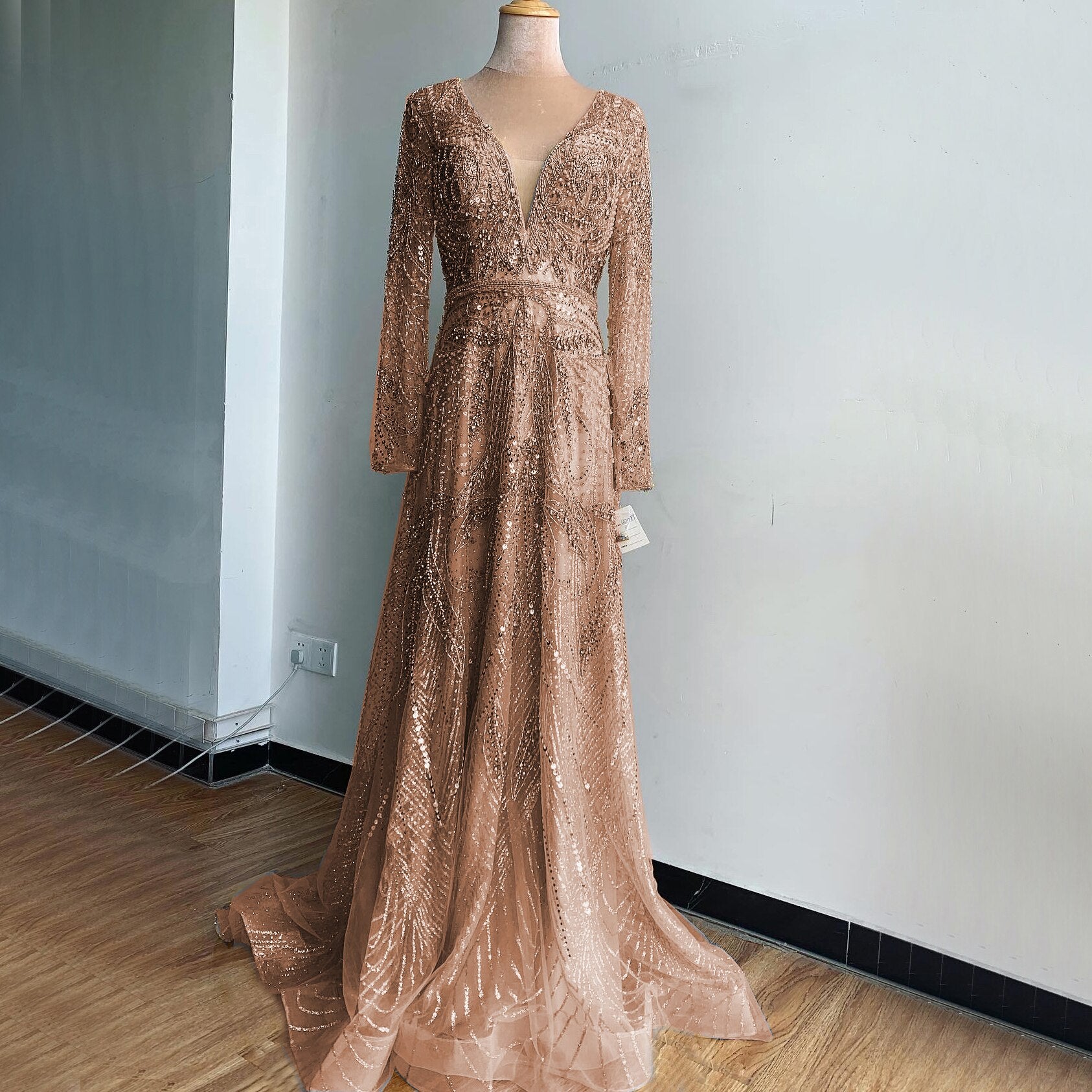 On Sale no return no refund Gold A-Line V-Neck Luxury Sexy Evening Dresses 2025 Pearls Crystal Long Sleeves Fromal Gown Serene Hill LA70287L - SERENE HILL